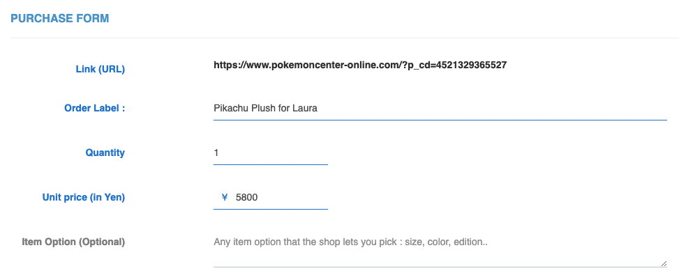 A filled purchase form